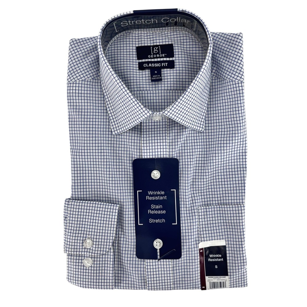 George Classic Dress Shirt Mens Small Blue White Check Wrinkle Resistant Stretch